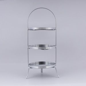 ДЕКОРАТИВНА ПОСТАВКА ЗА ТОРТА 3 ЕТАЖА, ОТ СТЪКЛО, СЪС СРЕБЪРНИ ДЕТАЙЛИ, 20X51СМ