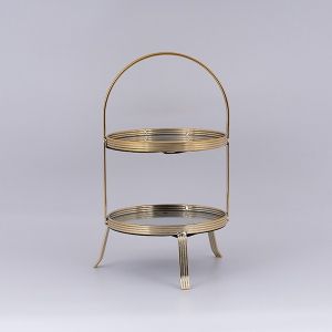 ДЕКОРАТИВНА ПОСТАВКА ЗА ТОРТА, 2 ЕТАЖА, ОТ ЧЕКЛО СЪС ЗЛАТНИ ДЕТАЙЛИ, 20X38СМ