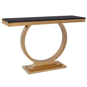 ЗЛАТИСТА МЕТАЛНА КОНЗОЛА С БЯЛА КЕРАМИЧНА ПОВЪРХНОСТ (МРАМОРЕН ЕФЕКТ) 130X40X80 СМ