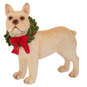 КОЛЕДНА ФИГУРКА НА КУЧЕ ОТ БЯЛ ПОЛИРЕЗИН СЪС ЗЕЛЕН ВЕНЕЦ НА ВРАТА 12X6X12,5 СМ