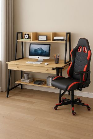 КОМПЛЕКТ STUDENT-1 SONOMA, КОМПЮТЪРНО БЮРО - ЧЕРНО + ГЕЙМЪРСКИ СТОЛ ЧЕРНО-ЧЕРВЕН