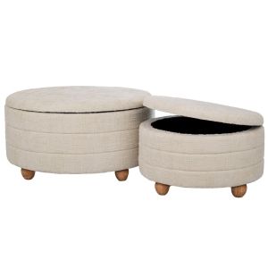 КОМПЛЕКТ ОТ 2 КРЕМАВИ ТЕСТИЛНИ ТАБУРЕТКИ С МЯСТО ЗА СЪХРАНЕНИЕ И ДЪРВЕНА ОСНОВА 83X83X42, 63X63X35СМ