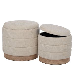 КОМПЛЕКТ ОТ 2 КРЕМАВИ ТЕСТИЛНИ ТАБУРЕТКИ С МЯСТО ЗА СЪХРАНЕНИЕ И ДЪРВЕНИ КРАКА 42X40X40, 35X35X34СМ