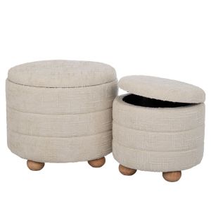 КОМПЛЕКТ ОТ 2 КРЕМАВИ ТЕСТИЛНИ ТАБУРЕТКИ С МЯСТО ЗА СЪХРАНЕНИЕ И ДЪРВЕНИ КРАКА 48X48X40, 37X37X34СМ