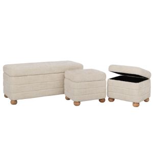 КОМПЛЕКТ ОТ 3 КРЕМАВИ ТЕСТИЛНИ ТАБУРЕТКИ С МЯСТО ЗА СЪХРАНЕНИЕ И ДЪРВЕНИ КРАКА 93X42X41, 40X34X34, 40X34X34СМ