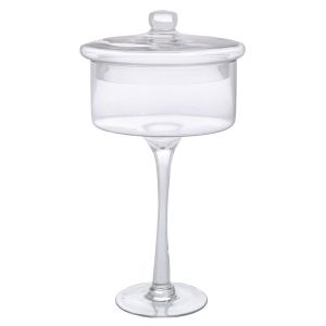 ПРОЗРАЧНА СТЪКЛЕНА ПОСТАВКА ЗА ТОРТА НА КРАК С КАПАК D18X35СМ