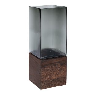 СИВА СТЪКЛЕНА ВАЗА НА ДЪРВЕНА ДЕКОРАЦИЯ D10X25СМ