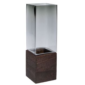 СИВА СТЪКЛЕНА ВАЗА НА ДЪРВЕНА ОСНОВА D10X30СМ