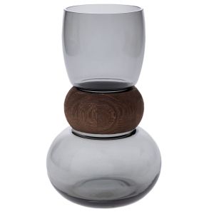 СИВА СТЪКЛЕНА ВАЗА С ДЪРВЕНА ДЕКОРАЦИЯ 16X33СМ