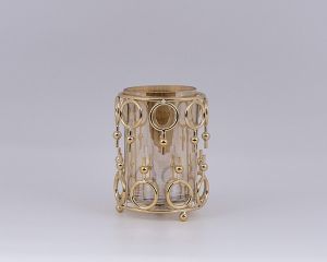 СТЪКЛЕН СВЕЩНИК С МЕТАЛНИ АКЦЕНТИ ЗЛАТИСТО 12X17СМ