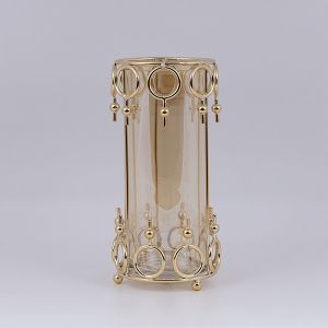 СТЪКЛЕН СВЕЩНИК С МЕТАЛНИ АКЦЕНТИ ЗЛАТИСТО 12X27СМ