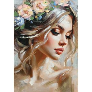 БЕЖОВА КАРТИНА ВЪРХУ ПЛАТНО КРАСИВА ЖЕНА С ЦВЕТЯ НА ГЛАВАТА 70x100 СМ 8/KIB