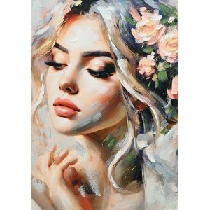 БЕЖОВА КАРТИНА ВЪРХУ ПЛАТНО КРАСИВА ЖЕНА С ЦВЕТЯ НА ГЛАВАТА 70x100 СМ 8/KIB