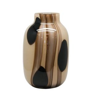 ВАЗА ОТ ДУХАНО СТЪКЛО, ИЗВИТА, БЕЖОВА, С КАФЯВИ ЛИНИИ И ТОЧКИ - Φ22x35см 2/КУТИЯ