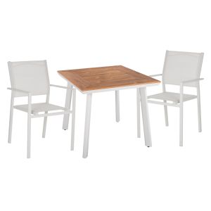 ГРАДИНСКИ КОМПЛЕКТ HM11834 3 ЧАСТ АЛУМИНИЕВА КВАДРАТНА МАСА ОТ ПОЛИДЪРВДЪРВО И АЛУМИНИЕВИ МЕТАЛНИ КРОСВЕТИ В БЯЛО