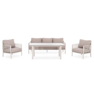 ГРАДИНСКИ СЕТ ОТ 4 ЧАСТИ WALES SM6422.02 КРЕМАВ БЯЛ АЛУМИНИЙ - БЕЖОВ ОЛЕФИН - СВЕТЛО СИВ 3D ПРИНТИРАН СТЪКЛЕН ПЛОТ