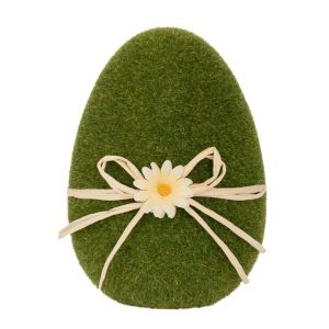 Зелено флокирано яйце с красиво бяло цветя и панделка за великденска декорация 15 см