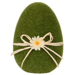 Зелено флокирано яйце с красиво бяло цветя и панделка за великденска декорация 20 см