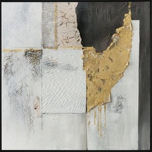 КАРТИНA ВЪРХУ ПЛАТНО СИВ/ЧЕРЕН/ЗЛАТИСТ АБСТРАКТЕН ДИЗАЙН С 3D ЕЛЕМЕНТИ В РАМКА - 122.5x122.5x4.5 см 6 БРОЯ/КУТИЯ