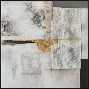 КАРТИНA ВЪРХУ ПЛАТНО СИВ/ЧЕРЕН/ЗЛАТИСТ АБСТРАКТЕН ДИЗАЙН С 3D ЕЛЕМЕНТИ В РАМКА - 122.5x122.5x4.5 см 6 БРОЯ/КУТИЯ