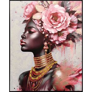 КАРТИНА НА ПЛАТНО РОЗОВО-КАФЯВО-ЗЛАТИСТА ЖЕНА С ЦВЕТЯ НА ГЛАВАТА 82x102CM 6/KIB