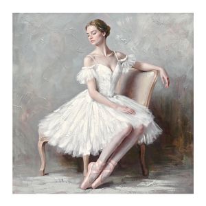 КАРТИНА НА ПЛАТНО РОМАНТИЧНА СИВА БАЛЕРИНА С БЯЛА РОКЛЯ НА СТОЛ 80x80СМ 8/KIB