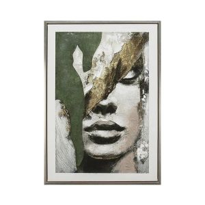 КАРТИНА НА ПЛАТНО С ЛИЦЕ В ЗЕЛЕНО/ЗЛАТНО/СИВО С РЕЛЕФЕН ЕФЕКТ В РАМКА - 50x70x3.8 см 10/КУТИЯ