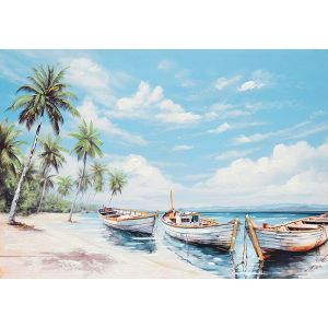 КАРТИНА НА ПЛАТНО СИН ПЛАЖ С ПАЛМИ И ЛОДКИ 70x100CM 8/KIB