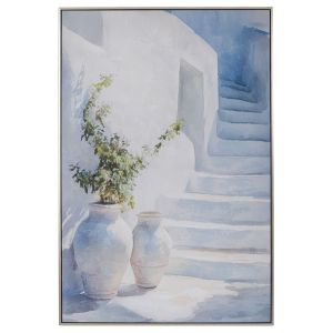 КАРТИНА С ГРЪЦКИ ОСТРОВ ВЪРХУ ПЛАТНО С ЧЕРНА СРЕБЪРНА РАМКА 80X120 СМ