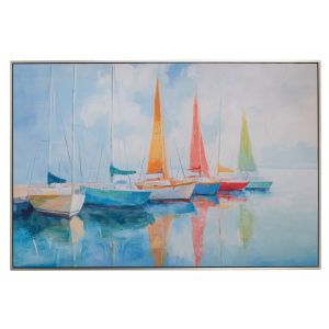 КАРТИНА С ЛОДКИ ВЪРХУ ПЛАТНО С ЩАМПА И ЧЕРНА СРЕБЪРНА РАМКА 120X80 СМ