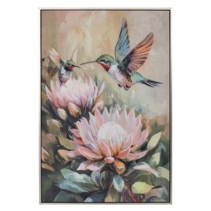 КАРТИНА С ЛОТОС И ПТИЦА ВЪРХУ ПЛАТНО С ПРИНТ С ЧЕРНА СРЕБЪРНА РАМКА 60Х90 СМ