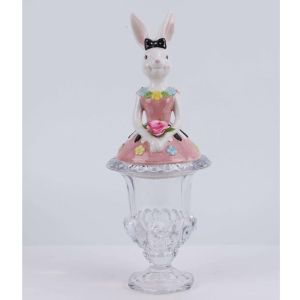 КЕРАМИЧЕН БУРКАН ЗА БИСКВИТКИ С ПРОЗРАЧНО ДЪНО И КАПАК С РОЗОВО ЗАЙЧЕ 16X16X42 СМ