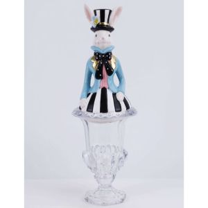 КЕРАМИЧЕН БУРКАН ЗА БИСКВИТКИ С ПРОЗРАЧНО ДЪНО И КАПАК С ЧЕРНО-БЯЛ И СИН ЗАЕК 16X16X42 СМ