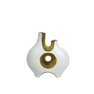 КЕРАМИЧНА ВАЗА БЯЛА/ЗЛАТИСТА АБСТРАКТНА С ОТВОР И 2 ЧУШЪРА - 24.9 см 1/8KIB