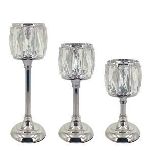 КОМПЛЕКТ МЕТАЛНИ СВЕЩНИЦИ/3 СРЕБЪРНИ/БЕЛИ ТРАВЕРСИ С КРИСТАЛИ - S: Φ11x23, M: Φ11x28, L: Φ11x38см 12/КУТИЯ