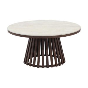 КРЪГЛА ХОЛНА МАСА FL03 С БЕЖОВА КЕРАМИЧНА ПОВЪРХНОСТ И МЕТАЛНА ОСНОВА В КАФЯВ ЦВЯТ 90X45СМ