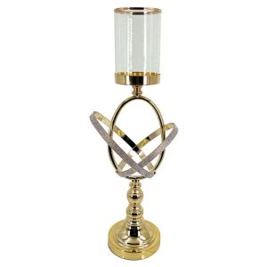МЕТАЛЕН СВЕЩНИК, ЗЛАТЕН/БЕЛ, КРЪСТОВ ПРЪСТЕН СЪС СТЪКЛО И СТРАС, ГОЛЯМ - Φ19x57см, 12/КУТИЯ