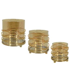 МЕТАЛЕН СВЕЩНИК, ЗЛАТЕН/МЕДЕН, КОМПЛЕКТ/3 ЦИЛИНДЪРА/СИВ СЪС СТЪКЛО - Р:Φ9x9, М:Φ11x11, Д:Φ13x13см 12/КУТИЯ