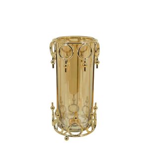 МЕТАЛЕН СВЕЩНИК, ЗЛАТЕН/МЕДЕН, ЦИЛИНДЪР, КРЪГЪЛ, ГОЛЯМ, СЪС СТЪКЛО - Φ12x27см, 12/КУТИЯ