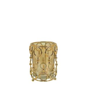 МЕТАЛЕН СВЕЩНИК, ЗЛАТЕН/МЕДЕН, ЦИЛИНДЪР, КРЪГЪЛ, МАЛЪК, СЪС СТЪКЛО - Φ12x17см, 24/КУТИЯ