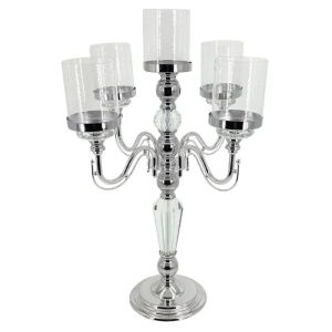 МЕТАЛЕН СВЕЩНИК, СРЕБЪРЕН/БЯЛ, КЛАСИЧЕСКИ С КРИСТАЛИ, 5 МЕСТА - Φ36x60см, 6 бр./КУТИЯ