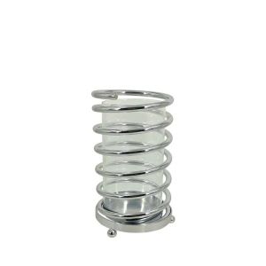 МЕТАЛЕН СВЕЩНИК, СРЕБЪРЕН/БЯЛ, ПРУЖИНА, ГОЛЯМ, СЪС СТЪКЛО - Φ13x22см, 24/КУТИЯ