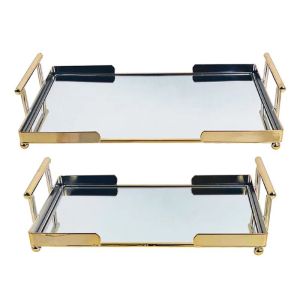 МЕТАЛНИ ПОДНОСИ ЗЛАТИСТИ КОМПЛЕКТ/2 ПРАВОЪГЪЛНИ С ОГЛЕДАЛО - Р: 20x30, Д: 26x36 см 4/КУТИЯ