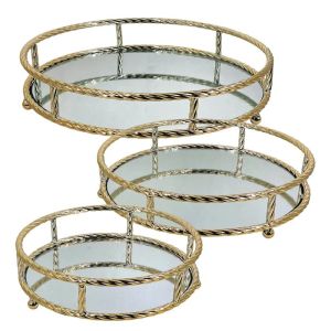 МЕТАЛНИ ПОДНОСИ ЗЛАТИСТИ КОМПЛЕКТ/3 КРЪГЛИ С ОГЛЕДАЛНА КРЪГЛА ДРЪЖКА - S:Φ27, M:Φ32, L:Φ37см 4/КУТИЯ