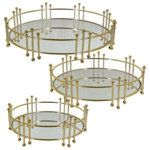 МЕТАЛНИ ПОДНОСИ ЗЛАТИСТИ КОМПЛЕКТ/3 КРЪГЛИ С ОГЛЕДАЛО КРЪГЛИ - S:Φ25x10, M:Φ30x10, L:Φ35x10см 3/КУТИЯ