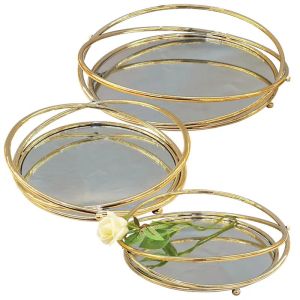 МЕТАЛНИ ПОДНОСИ, ЗЛАТИСТИ, КОМПЛЕКТ/3 КРЪГЛИ С ОГЛЕДАЛНИ СКОСЕНИ ДРЪЖКИ - S:Φ25, M:Φ30, L:Φ35см 3/КУТИЯ