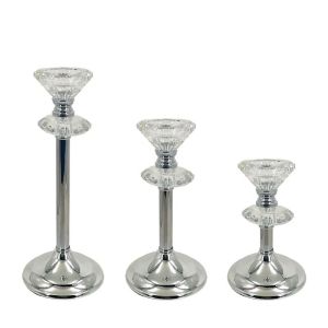 МЕТАЛНИ СВЕЩНИЦИ СРЕБЪРНИ/БЕЛИ КОМПЛЕКТ/3 КЛАСИЧЕСКИ С КРИСТАЛИ - Р: Φ10x17, М: Φ10x21, Д: Φ10x27см 12/КУТИЯ