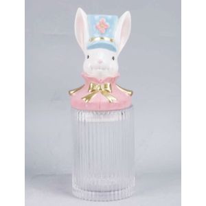 ПРОЗРАЧЕН КЕРАМИЧЕН БУРКАН ЗА БИСКВИТКИ С КАПАК СЪС ЗАЕШКИ ТЕКСТИЛ В ПАСТЕЛНИ ЦВЕТОВЕ 11X11X31 СМ