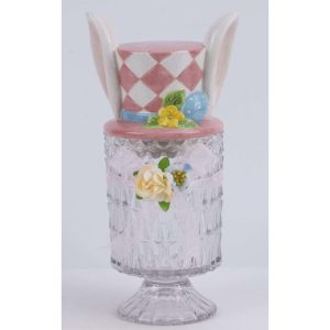 ПРОЗРАЧЕН КЕРАМИЧЕН БУРКАН ЗА БИСКВИТКИ С РОЗОВ КАРИРАН КАПАК ВЪВ ФОРМАТА НА ЗАЕШКА ШАПКА 13X12,5X29,5 СМ
