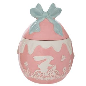 РОЗОВ КЕРАМИЧЕН БУРКАН ЗА БИСКВИТКИ СЪС ЗАЕК И ПАНДЕЛКА 16,5X16,5X23 СМ